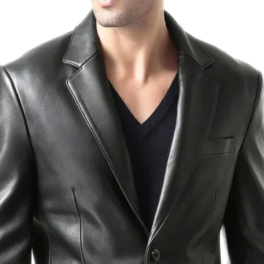 Men's Black Two Button Real Leather Blazer Jacket